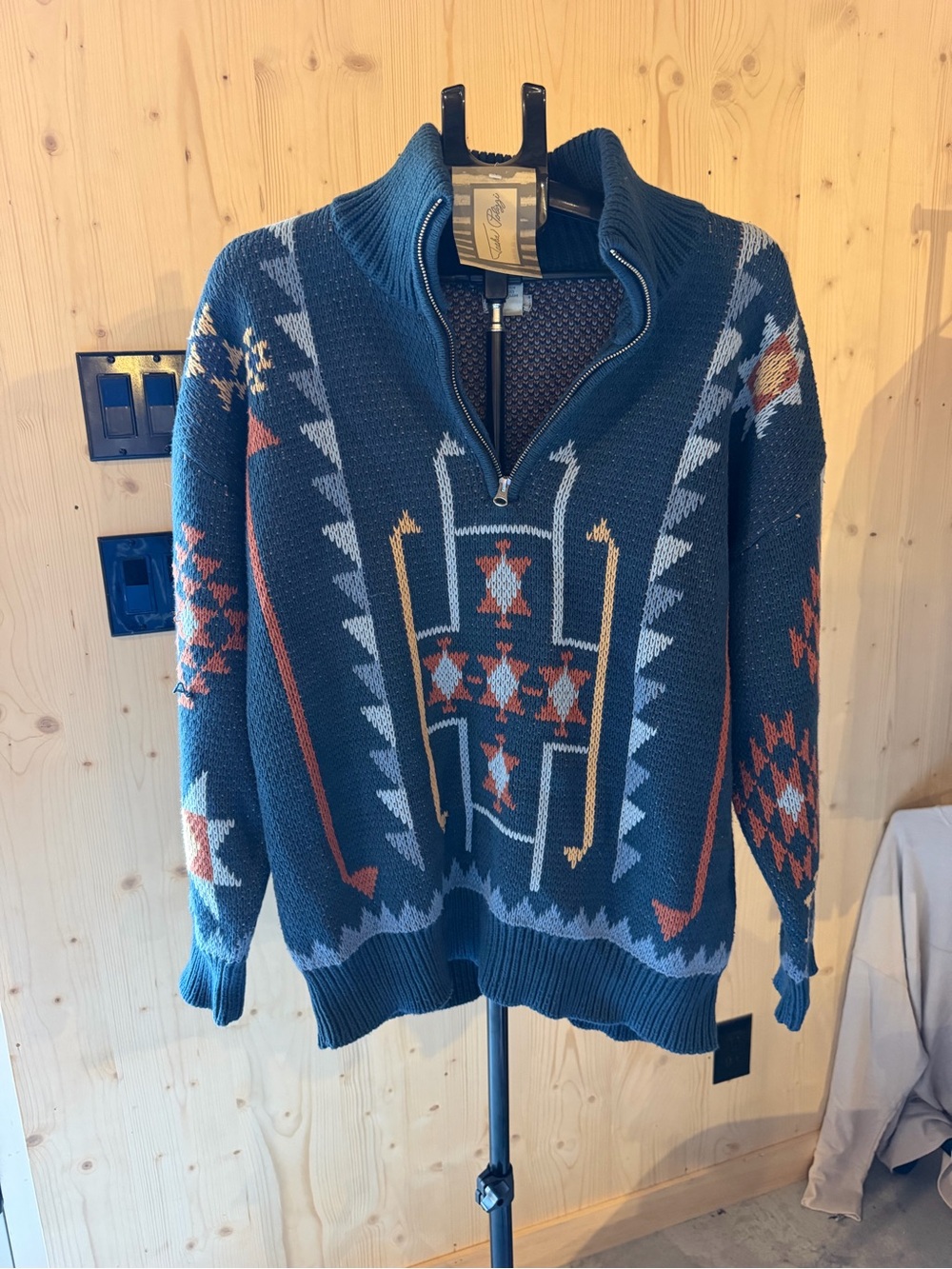 Men's Patterned Half-Zip Sweater - Teal Multicolor Tasha Polizzi